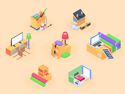 Moving Home Isometric Icons building design door electronics equipment furniture home house icons interior isometric isometric icon isometry moving packing real estate relocation room truck vector