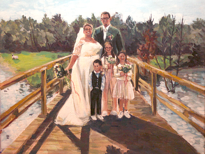 Live wedding painting: family on bridge acrylic paint family portrait live painting live wedding painting painting portrait wedding wedding couple wedding painting