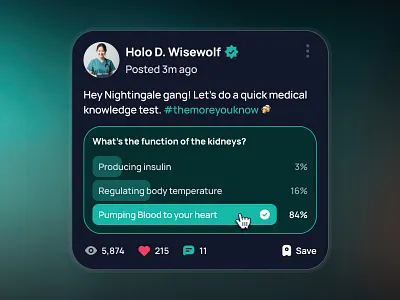 nightingale UI Kit: AI Medical & E-Pharmacy | Community Post UI ai healthcare app clean community post community ui dark mode healthcare ui kit medical ui kit minimal modern poll ui polling polling ui social media poll social media post social media ui teal twitter poll user poll user poll ui user post