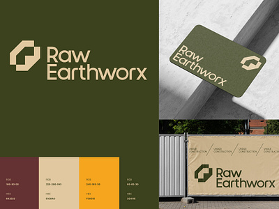 Raw E abstract brand business card colors concrete display earth escavator geometry hat industry logo monogram raw symbol tote bag utilitarian work