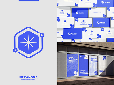 NEXANOVA - Software Development billboard blue brand branding clean design flat graphic design logo minimal poster software visitcard white