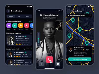 nightingale: AI Medical & E-Pharmacy App | Doctor Consultation ai doctor app clean dark mode dark ui doctor apointment app doctor booking app doctor call doctor consultation doctor consultation app doctor consultation ui doctor listing ui doctor ui gps ui healthcare ui kit minimal modern pharmacy ui kit simple video call ui virtual doctor app