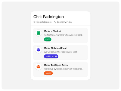 On-Trip Service clean design detail food icon interface menu minimal name passenger plane price row saas service simple taxi train trip ui