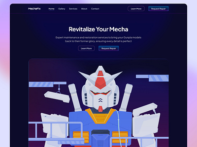 MechaFix : Home Page Hero Section car concept fixed gunpla hangar hero icon illustration mecha repair robot rx78 saas section ui ux website