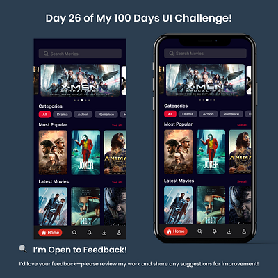 Day 26/100 - Movie Streaming App Home Screen ui