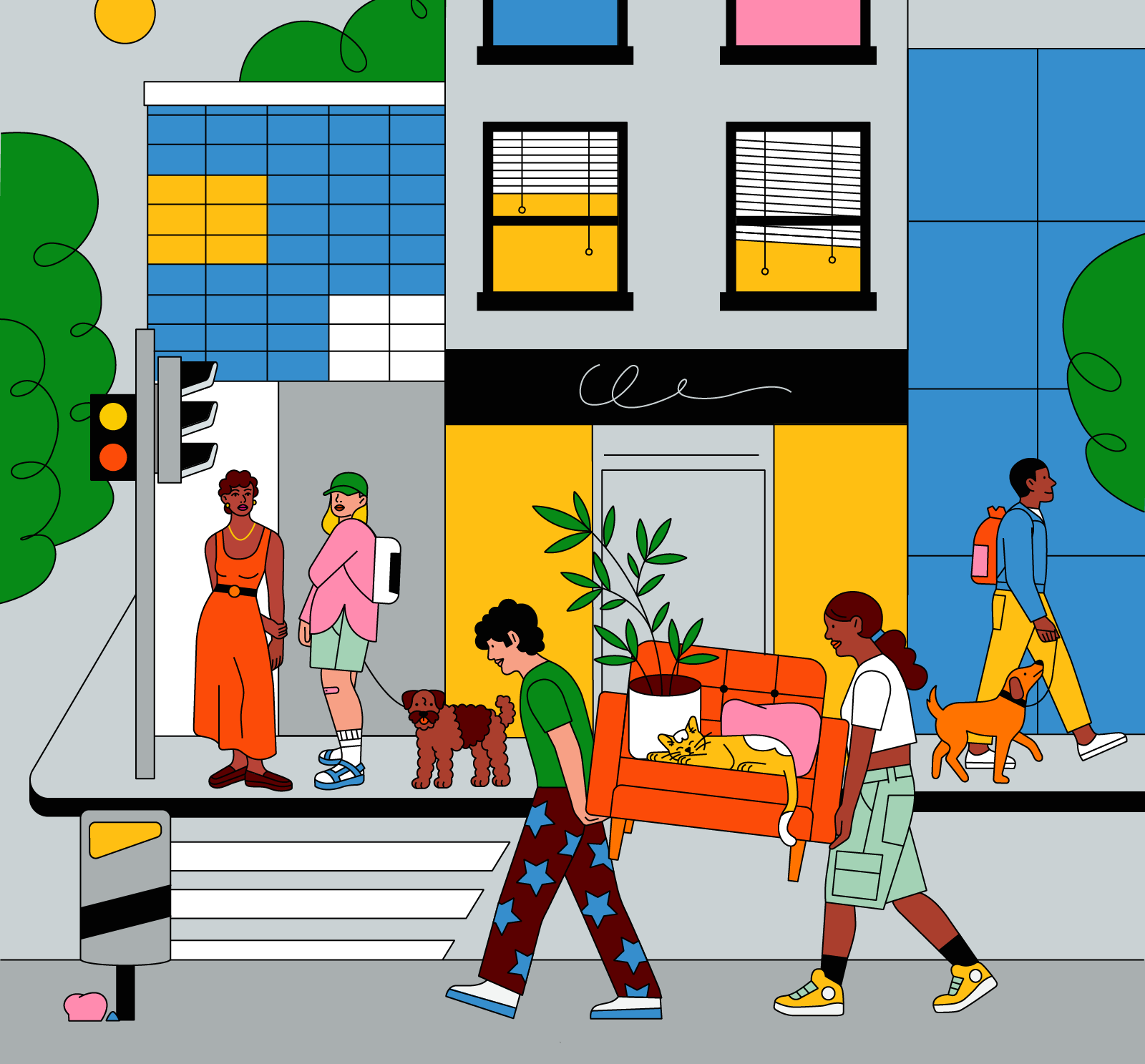 Moving day branding illustration cats and dogs character city break line illustration moving moving company moving furniture on the street people in the city pets product illustration