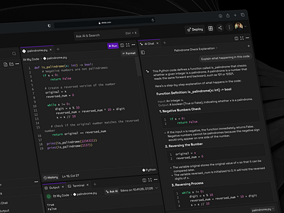 Code Editor with AI Assistance | Stride ai ai chat ui black theme code code course code editor ui code ui coding dark mode dark theme design kit design system edtech github ui leetcode manthan programming replit stride web app