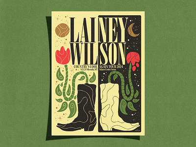 Lainey Wilson Screenprint Poster boho branding country music country star cowboy cowboy boots cowgirl day and night flowers illustration logo modern nashville art poster design retro rock poster rose sun moon vintage western