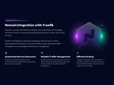 Nomad integration with Traefik columns dark features glow hashicorp icons illustration integration marketing neon nomad section site theme traefik transparency ui web