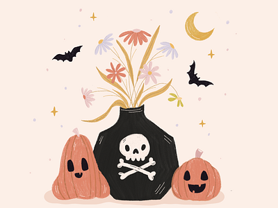 Spooky Vibe autumn bones flowers halloween illustration naturemort procreate pumpkin skeleton spooky vase