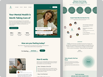 Responsive Mental Health Website Design figma footer green header health and wellness hero section innovative mental health website minimal responsive design services testimonials trendy ui ui design uiux design uxui design web design website design