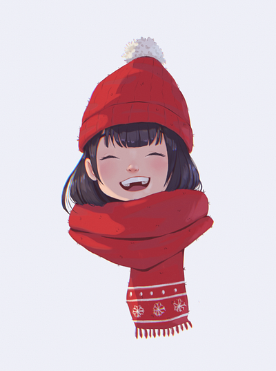 Winter girl anime black character design christmas diana nb digital painting girl illustration manga red scarf smile smiley winter