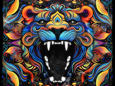 AGGRESSION II abstract animal art digital drawing floral illustration lion neon pattern vector