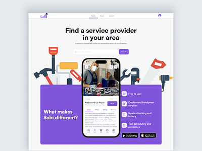 Landing Page UI Design app branding daily 100 challenge dailyui dailyuichallenge design hero illustration landingpage logo mobile providers purple sabi service serviceapp ui web webapp