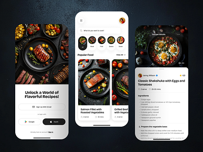 Food Recipe Mobile App – Modern UI Concept app showcase app store app ui chef app clean design cooking app food app food design minimal ui mobile app mobile ui modern ui product design recipe app recipe design shakshuka uiux design