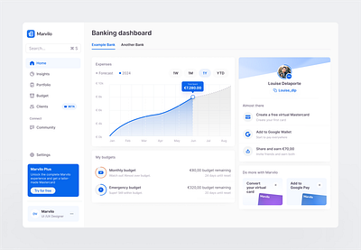 Banking Dashboard - Marvilo UI banking app banking dashboard banking dashboard ui budgeting digital banking ux financial app design fintech dashboard fintech design homebanking modern ui money management ui n26 neobank neobank interface payments revolut savings dashboard wise