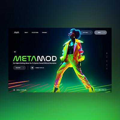 MetaMod Web Ui Landing Shot ai ai art branding design digital clothes graphic design illustration metaverse midjourney photography ui ui design ux ux design web design