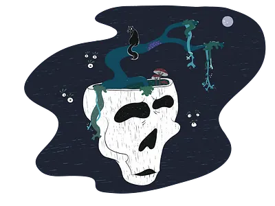 Thanatos and The Cat - Mind-Blowing black cat book illustration cat cinema cinematography concept art conceptart creepy illustration forest halloween horror illustration magic nature painting procreate skeleton skull