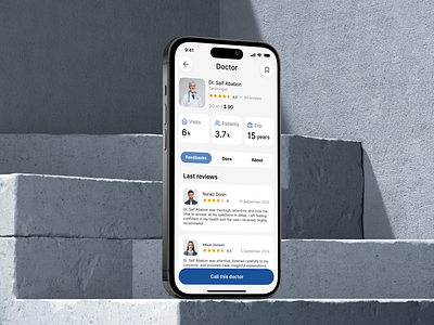 Healthcare Service Doctor Details Page | HomeCare ambulance application appointment comment doctor doctor booking app health health care app healthcare home care home doctor med visit medics mobile app mockups online doctor booking rate tabs ui design uiux