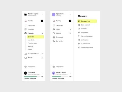 Assetize - Sidebars app application branding defi financial app fintech fintech platform funding app funding platform menu bar navigation profile sidebar user profile visual identity web app