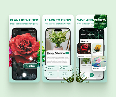 Plant Identifier - App Store Screenshots app app design app store design flowers graphic design green identify ios mobile app nature plant info plants screenshots ui uiux visual