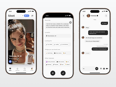 Dating App accept art bio chat connect date dating design explore figma friend hobbies interest likes location match meet mobile app ui ux