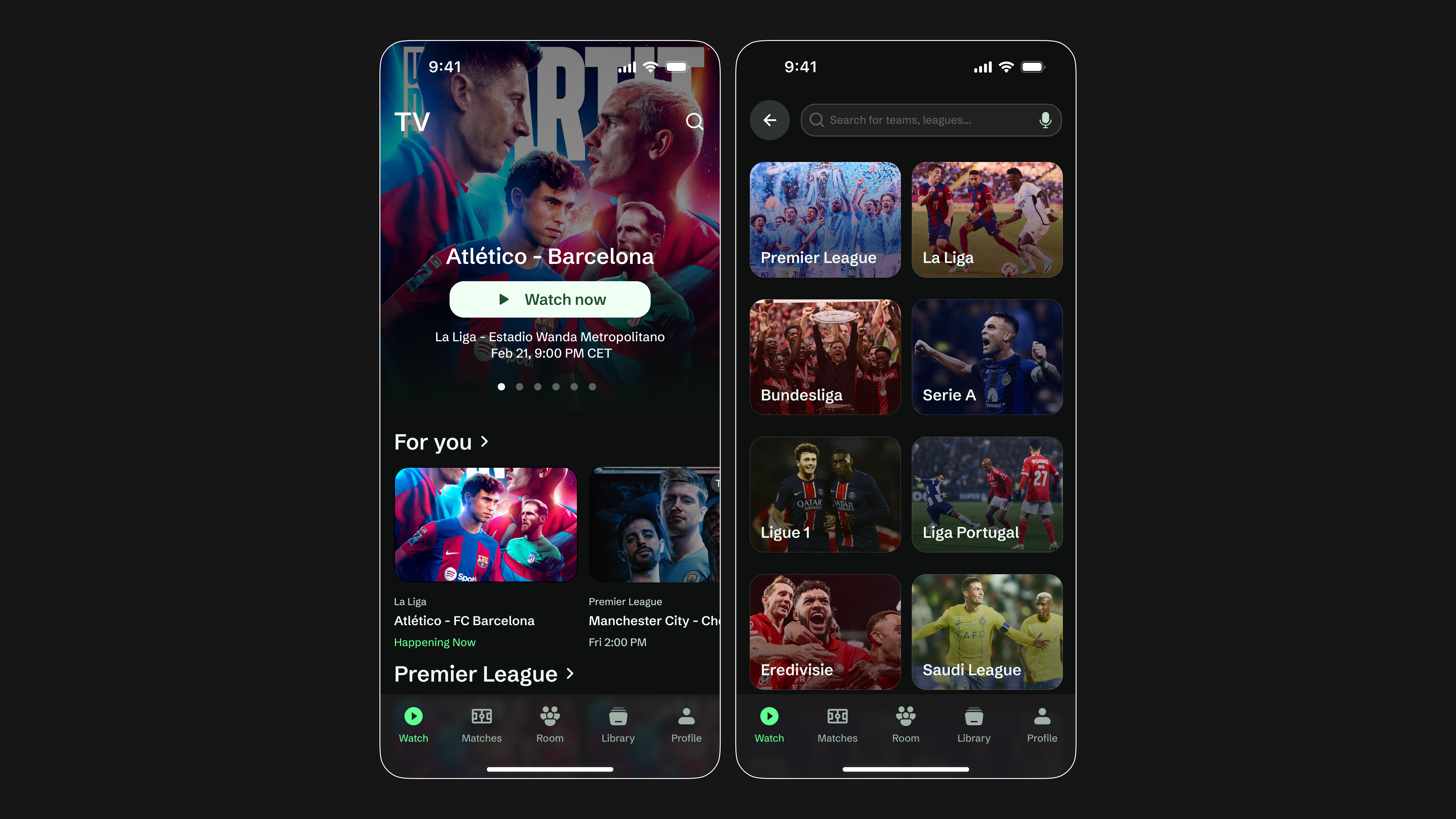 Live Stream Soccer Home App ⚽️ 🟩 app appdesign barca branding championsleague design figma football footballapp green illustration ios logo realmadrid soccer soccerapp ucl ui ux