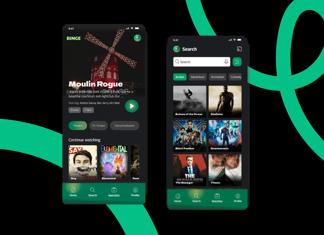 BINGE - Mobile Streaming App 🎬 prototyping ui ui design ux design visual design wireframing