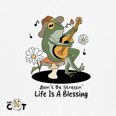 Don’t be stressin’ Life is a Blessing funny frog groovy frog illustration pod print on demand retro retro design retro frog