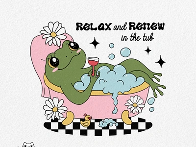 Relax and renew in the tub funny frog groovy frog illustration pod print on demand retro retro design t shirt design