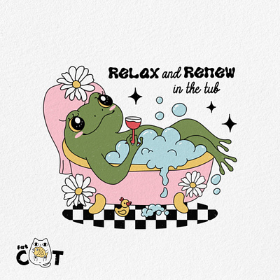 Relax and renew in the tub funny frog groovy frog illustration pod print on demand retro retro design t shirt design