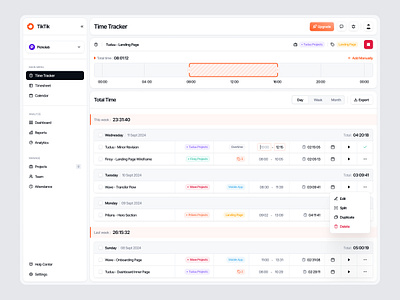 TikTik - Time Tracker Page branding clean dashboard clockify dashboard design management minimalist mockup product design productivity project slack table task time management time tracker tracker ui ux website