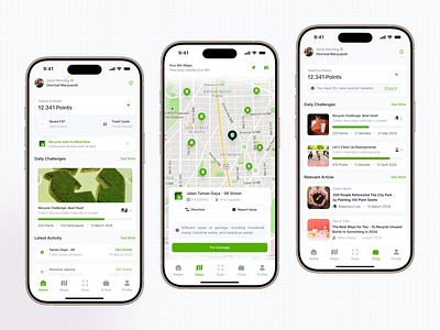 Go Green - Recycle App app apple card challenges clean dashboard design garbage go green green ios iphone mobile points recycle reward saas trash ui white