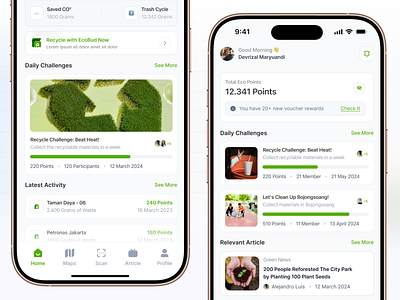 Go Green - Recycle App app apple card challenges clean dashboard design garbage go green green ios iphone mobile points recycle reward saas trash ui white