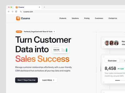 Saas Hero Section - CRM Dashboard (Cusana) 🧩 chart clean crm crm dashboard customer relationship management dashboard website design hero hero section illustration infographics minimalist saas saas landing page saas website sales ui ui illustration ux web design