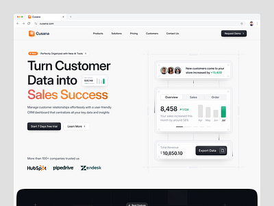 Saas Hero Section - CRM Dashboard (Cusana) 🧩 chart clean crm crm dashboard customer relationship management dashboard website design hero hero section illustration infographics minimalist saas saas landing page saas website sales ui ui illustration ux web design