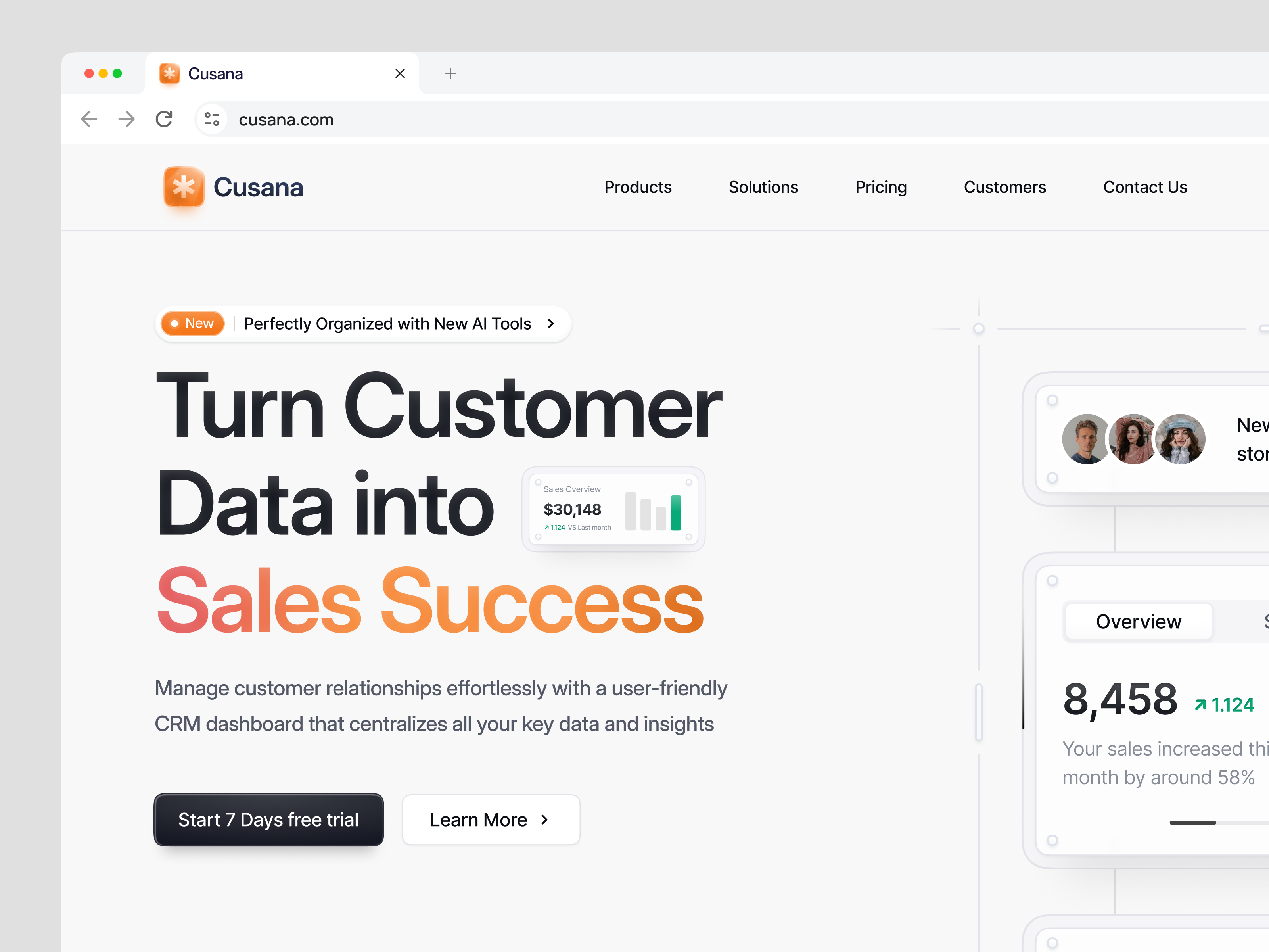 Saas Hero Section - CRM Dashboard (Cusana) 🧩 chart clean crm crm dashboard customer relationship management dashboard website design hero hero section illustration infographics minimalist saas saas landing page saas website sales ui ui illustration ux web design