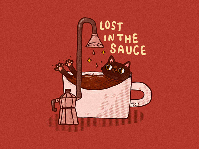 Lost in the sauce 2d branding cat character coffee coffee cat coffee cup cute design drawing drip energized espresso illustration lost in the sauce moka pot print shower sparkle toe beans