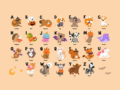 Halloween animals ABC abc alphabet animal cartoon character children concept cute design fall flat halloween illustration kids letters vector