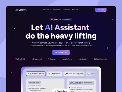 CamelAI SaaS website redesign ai tool camelai framer hero homepage landing landingpage saas saas redesign saas revamp web web design webflow website website redesign ycombinator