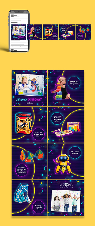 KidzInc Black Friday Carousel Ads ads advertising banner black branding carousel children corporate cute design digital facebook friday fun graphic illustration instagram layout online toys