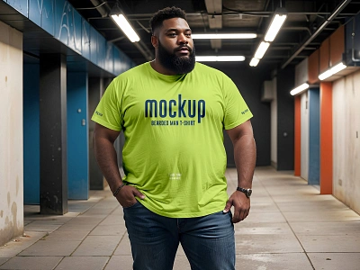 Bearded Man Wearing a Plus Size T-Shirt apparel beard chubby clothing fat free free mockup freebie garment jeans jersey logo male man mockup oversize t shirt tee