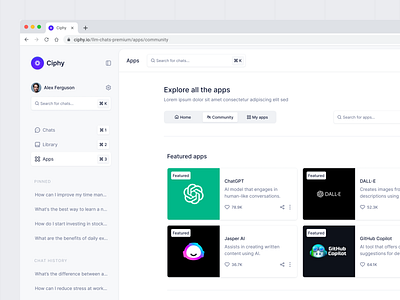 Ciphy - LLM Apps ai ai design ai platform apps branding chat chat bot chat gpt clean design dashboard data design design ai information minimalist open ai product design ui ux website