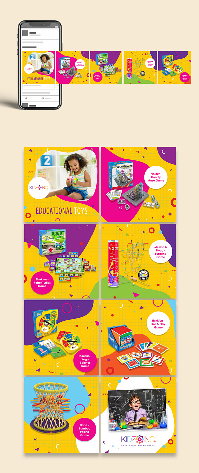 KidzInc Educational Toys Carousel Ads ads banner branding business carousel children company design digital facebook graphic illustration instagram kids layout online social social media toys