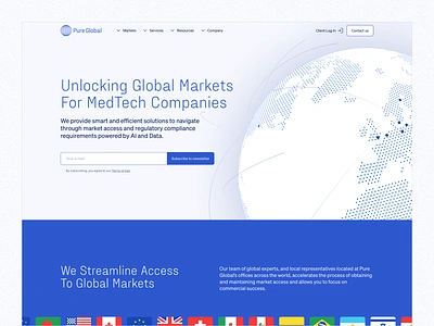 Pure Global — Homepage Hero access brand cta design desktop header health healthcare hero markets med medtech navbar newsletter product design section ui ux web website