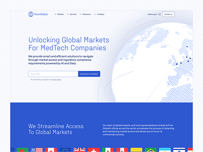 Pure Global — Homepage Hero access brand cta design desktop header health healthcare hero markets med medtech navbar newsletter product design section ui ux web website