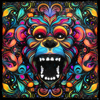 AGGRESSION III abstract animal chimp collection colorful digital art drawing floral illustration monkey neon pattern roar texture vector