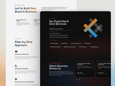 Agency Website Design - Section Design asthetic design brand client success core services design minimal mobile application design our expertise our process our services process quality assurance deployment reviews software solutions step by step approach typography ui ui design website design websitedashboard design