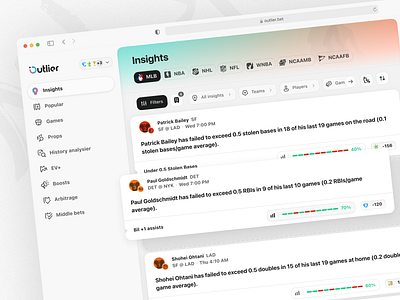 Outlier: Insights & Popular app bet betting clean design desktop filter interface light mobile modern neon product design sport sports ui user interface ux web web design