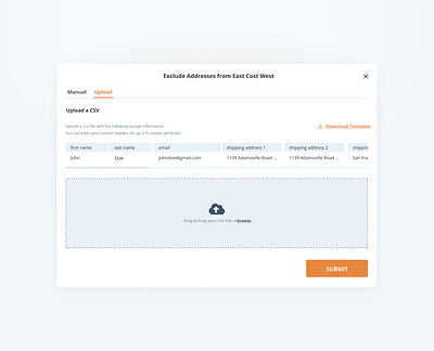 Upload CSV Modal/Popup clean ui csv upload document upload drag and drop file attachment file upload modal model component pop up popup saas ui component upload uploader uploading